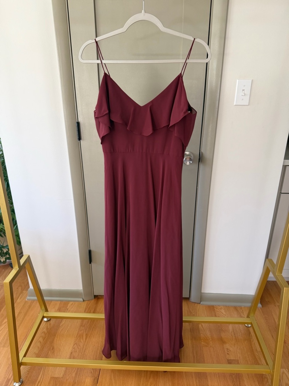 Jenny Yoo Burgundy Ruffle V-Neck Spaghetti Strap Maxi Dress